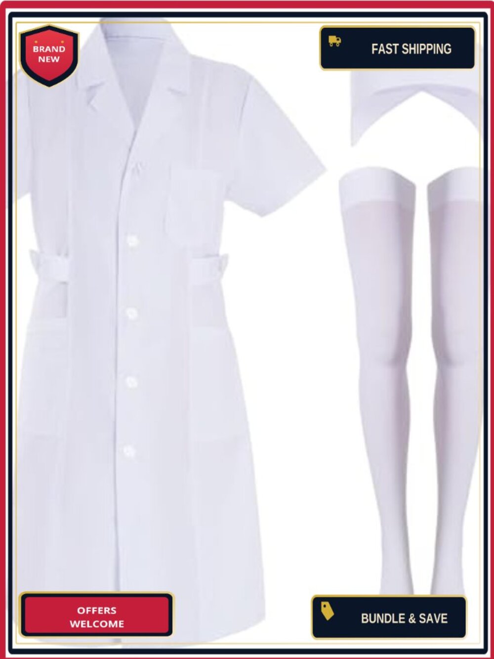 3 Piece Nurse Costume Set Lab Coat Hat Sock Halloween Cosplay Outfit